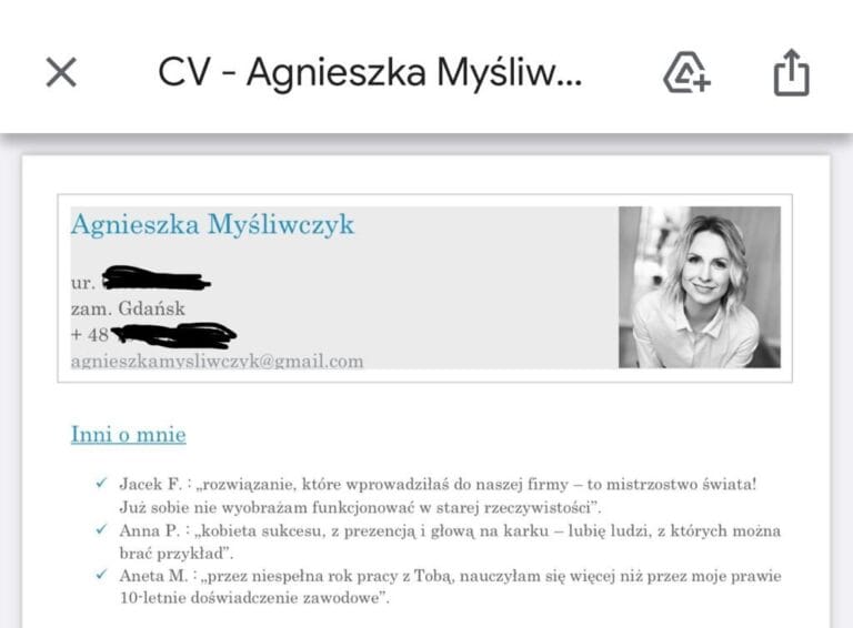 Agnieszka Myśliwczyk - referencje w CV