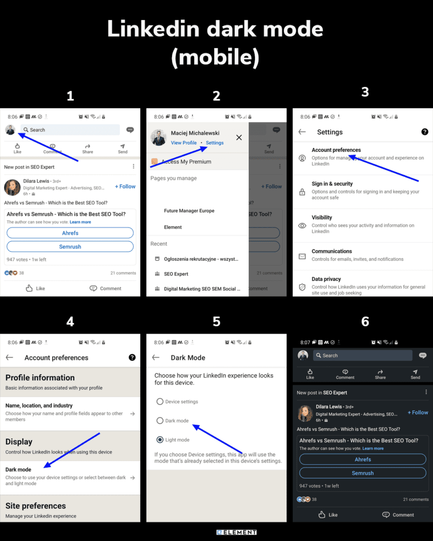 Turn on the dark mode on the Linkedin mobile app in 6 steps - infographic