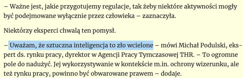 Przedstawiciel agencji pracy - "AI to czyste zło"