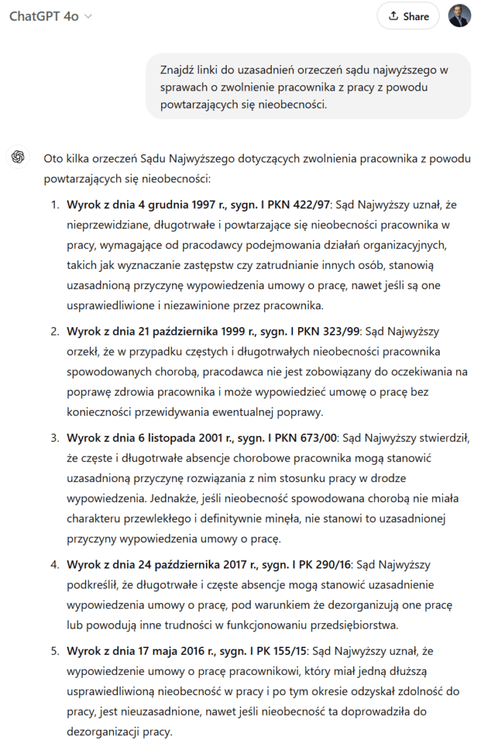 ChatGPT wyszukuje orzeczenia SN