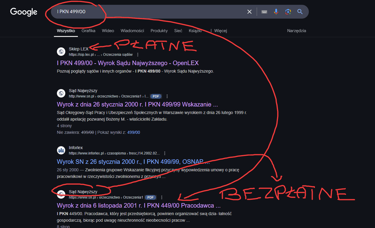Wyszukiwanie orzeczeń SN w google