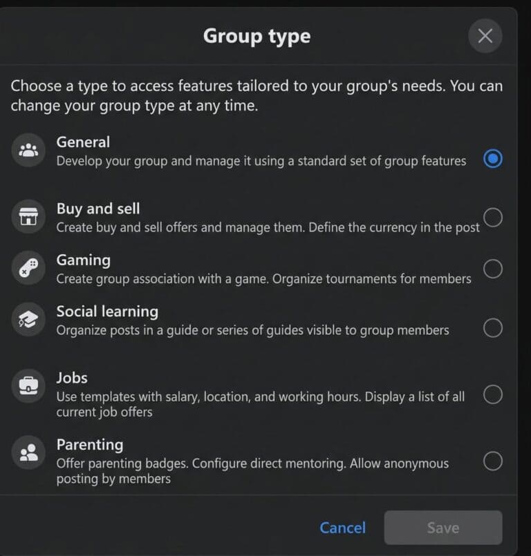Facebook group types - including Jobs category