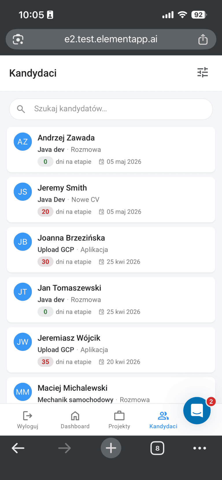Mobilna lista kandydatow z etapami w Elemencie