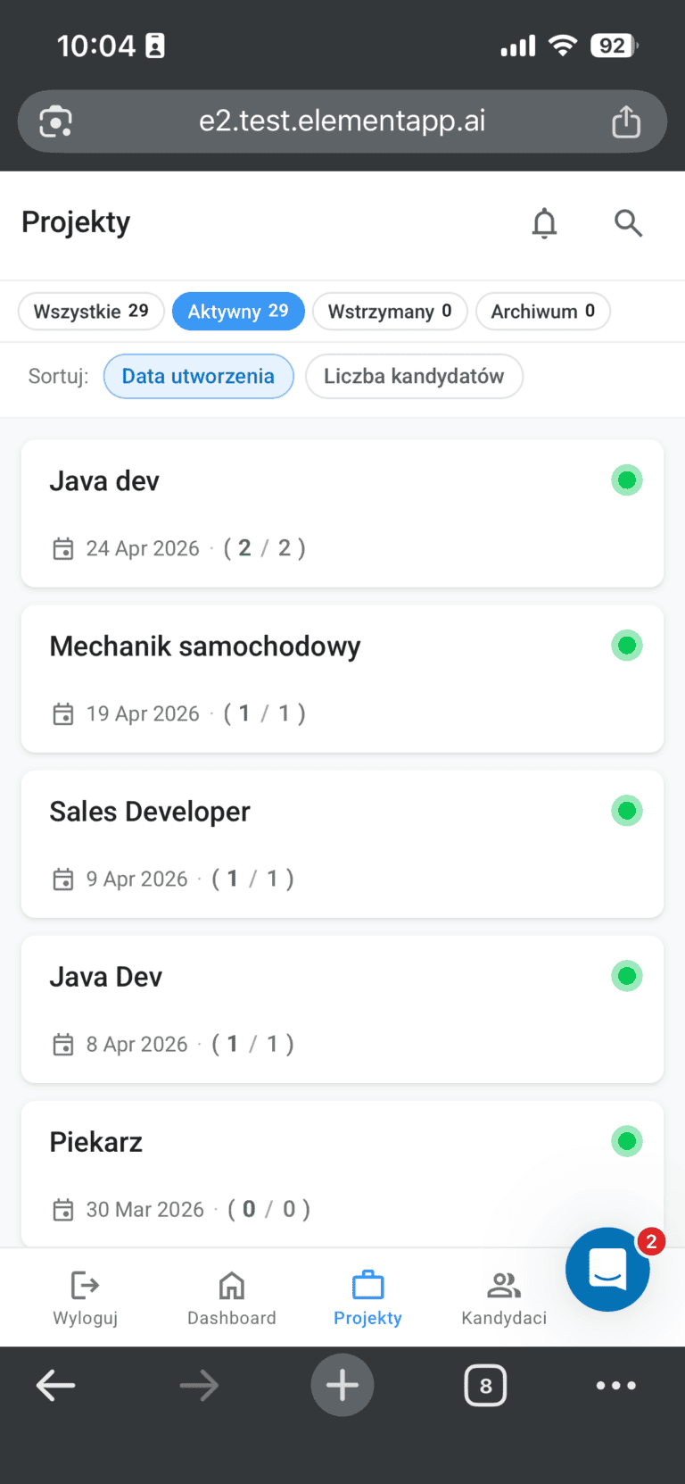 Lista projektow rekrutacyjnych w mobilnym Elemencie