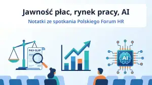 Jawność płac, rynek pracy i AI, notatki ze spotkania Polskiego Forum HR, grafika z wagą, wykresem i chipem AI.