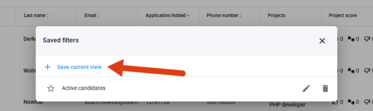 Saved filters window with the Save current view option in Element