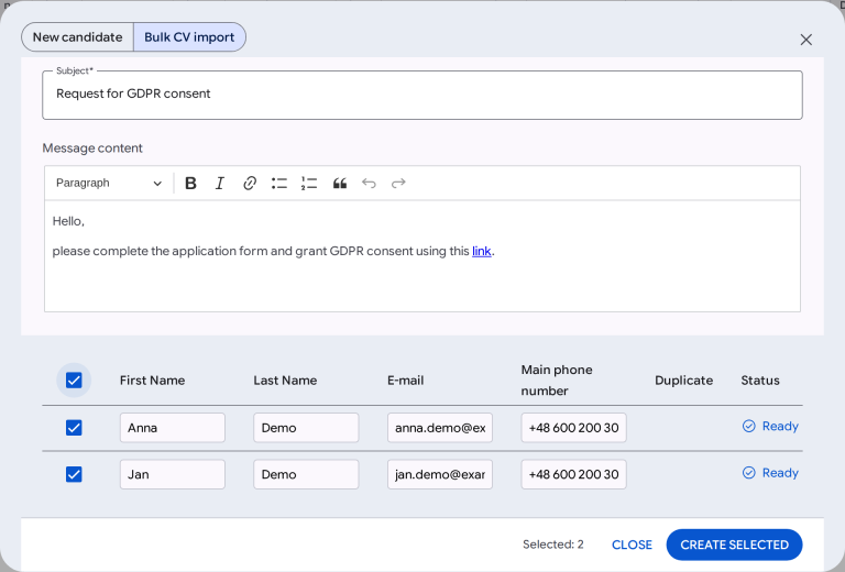 Bulk CV import in Element: a table of candidate data read from CVs, with the Ready status and a GDPR consent request.