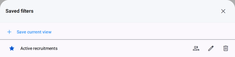 Saved filters in Element, with the Active recruitments filter starred as the default.