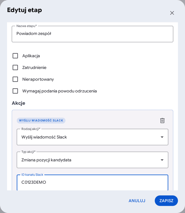 Edycja etapu w Elemencie z akcją Wyślij wiadomość Slack przy zmianie pozycji kandydata.