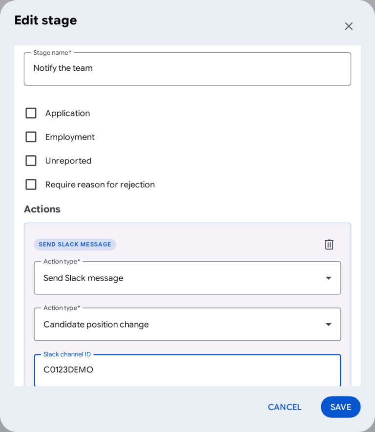 Editing a stage in Element with the Send Slack message action on a candidate position change.
