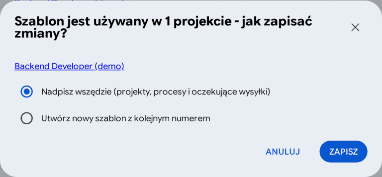 Okno zapisu szablonu wiadomości w Elemencie z wyborem: Nadpisz wszędzie albo Utwórz nowy szablon z kolejnym numerem.