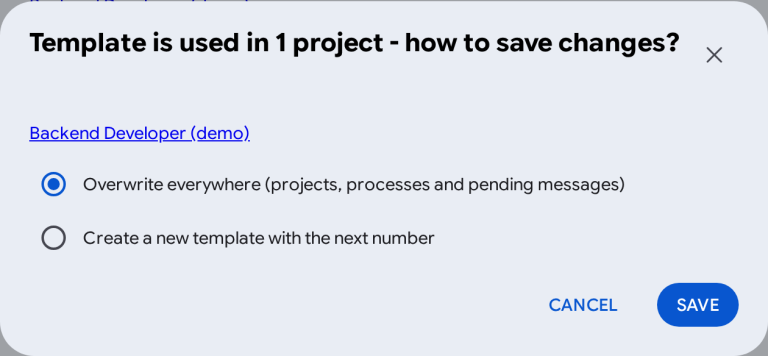 Saving a message template in Element, with the choice between Overwrite everywhere and Create a new template with the next number.