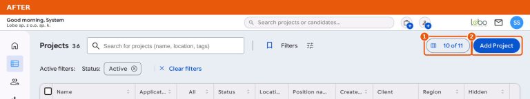 Project list in Element after the redesign, with Columns and Add Project in the top row.