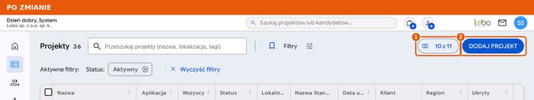 Lista projektów w Elemencie po zmianie wyglądu, przyciski Kolumny i Dodaj projekt w górnym rzędzie.