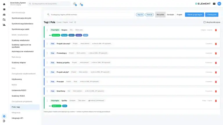 Ekran Pola i tagi w systemie Element z grupami tagow i polami