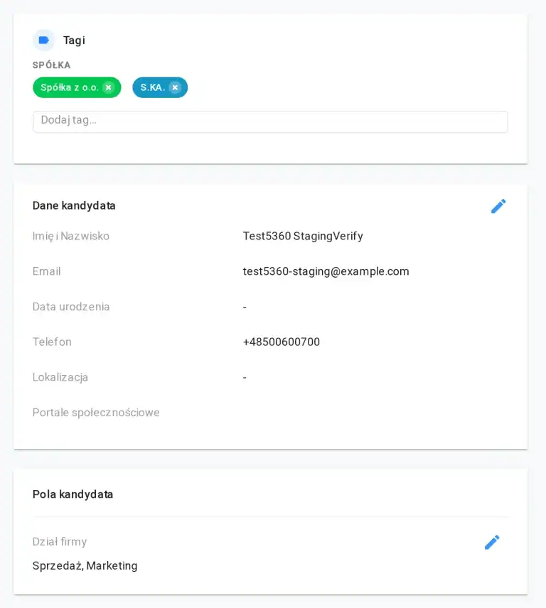 Profil kandydata w Elemencie z sekcja tagow i sekcja pol kandydata