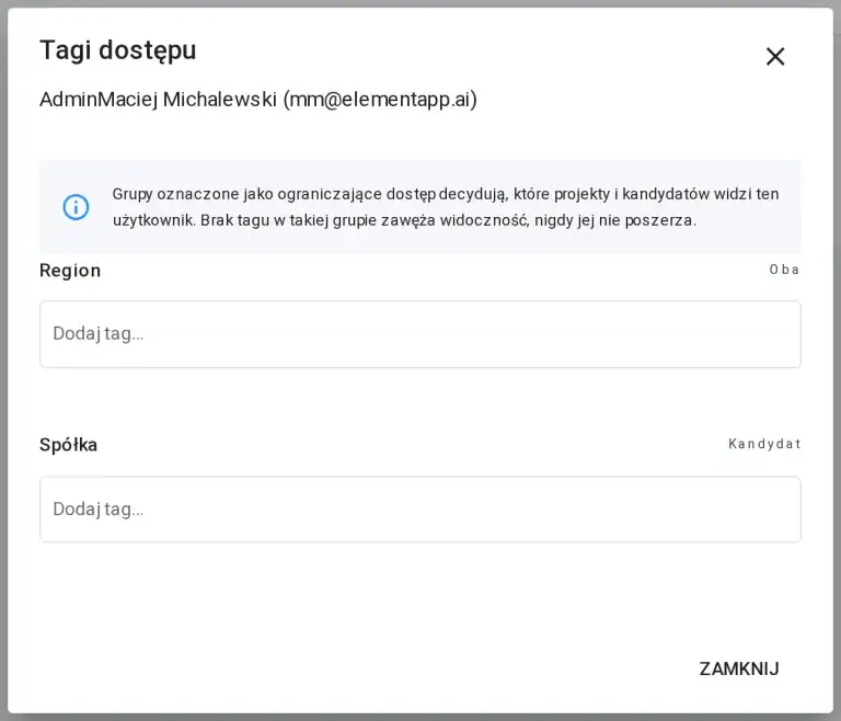 Okno Tagi dostepu uzytkownika z grupami ograniczajacymi widocznosc rekordow