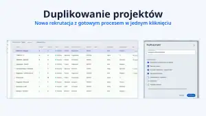 Duplikowanie projektów w Element ATS: lista projektów z szablonami i okno Duplikuj projekt z wyborem, co skopiować.